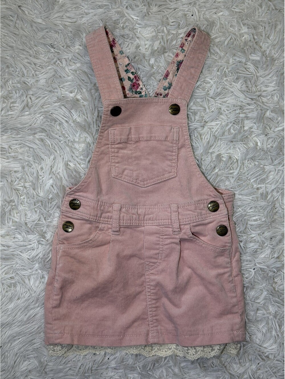 H&M Toddler Girls Pink Cord Jumper Dress Overalls Floral Lined Lace 2-3 Years